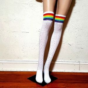 ●LAST PAIR● NWT, FACTORY SEALED. Rhinestone Embellish Rainbow🌈Thigh High Socks